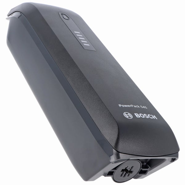 Bosch PowerPack 545 Akku für Elektrofahrräder mit Bosch Logo, Ladestandsanzeige und Einschaltknopf.