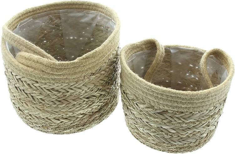 Dekoleidenschaft 2x Hängekorb aus Seegras & Jute, Hängepflanzkorb, Aufbewahrungskorb zum Aufhängen, Wandpflanzer, Hängeblumentopf