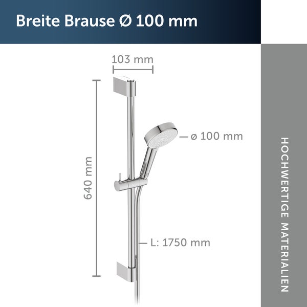 Breite Duschstange mit Handbrause und Maßangaben