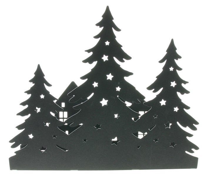 Dekoration aus Holz mit Tannenbaum-Motiv und Sternen