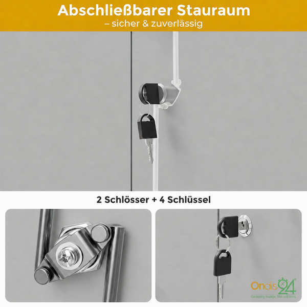 Abschließbarer Stauraum mit zwei Schlössern und vier Schlüsseln für einen Geräteschrank. Ondis24 Logo.