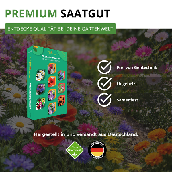 Premium Blumensamen-Set von Deine Gartenwelt, 10 Sorten. Gentechnikfrei, ungebeizt und samenfest. Hergestellt in Deutschland.