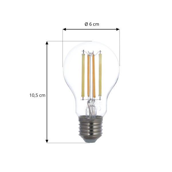 LED-Filament-Leuchtmittel aus klarem Glas mit E27-Sockel, Höhe 10,5 Zentimeter und Durchmesser 6 Zentimeter.