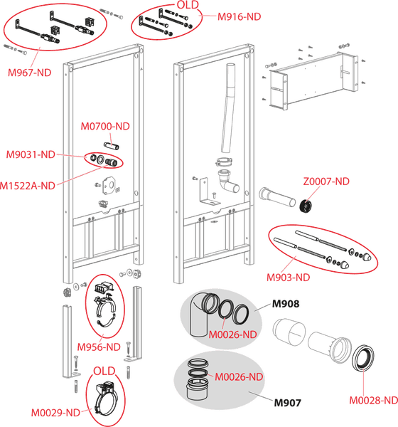 Explosionszeichnung der Ersatzteile für ein WC-Vorwandelement mit Montagerahmen, Rohren, Dichtungen und Befestigungssätzen inklusive Artikelnummern.