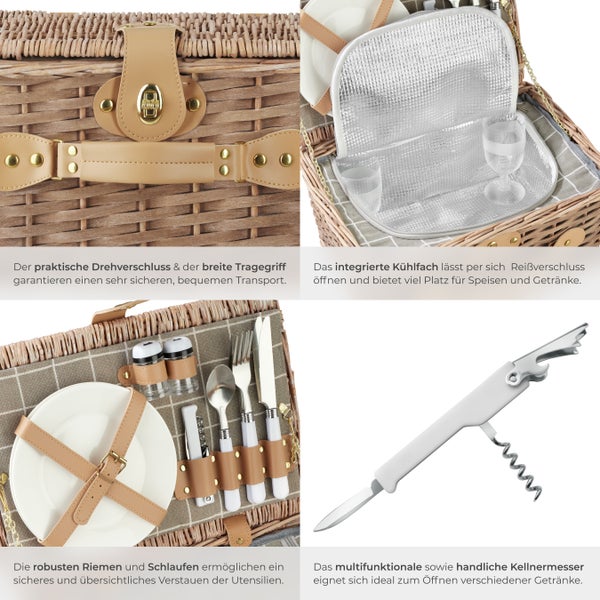 Nahaufnahme eines Picknickkorbs mit Geschirr, Gläsern, Kühlfach und Kellnermesser.