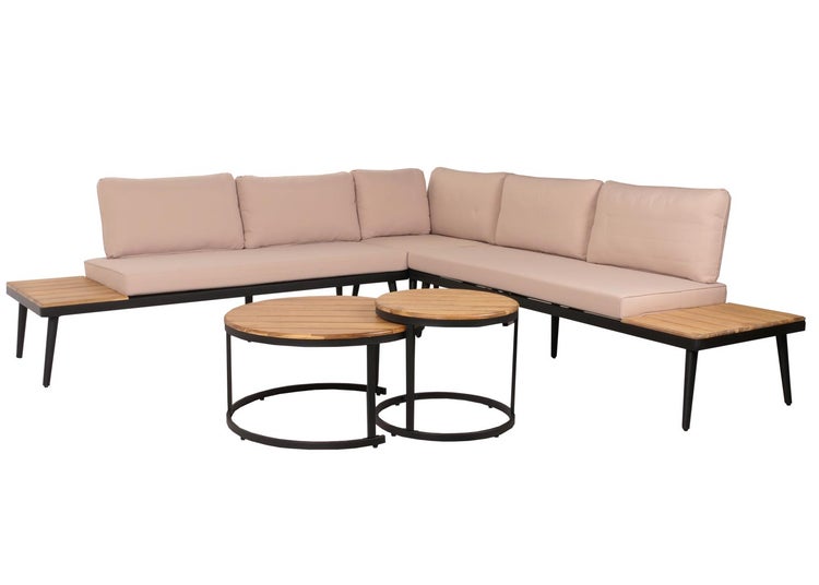 Garten-Lounge-Set aus Metall und Holz bestehend aus Ecksofa mit Sitzkissen und zwei runden Couchtischen.