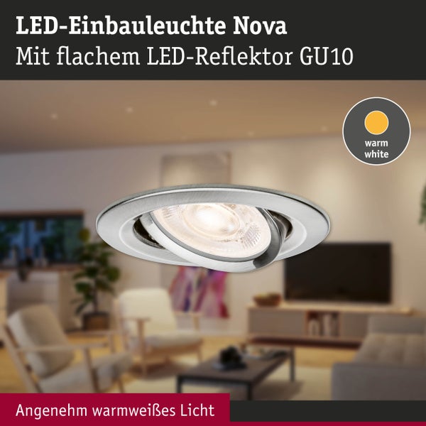LED-Einbauleuchte Nova mit flachem LED-Reflektor GU10 und angenehm warmweißem Licht.