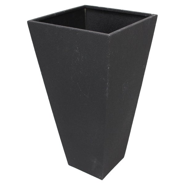 Quadratischer hoher Pflanzkübel in Anthrazit mit strukturierter Oberfläche.