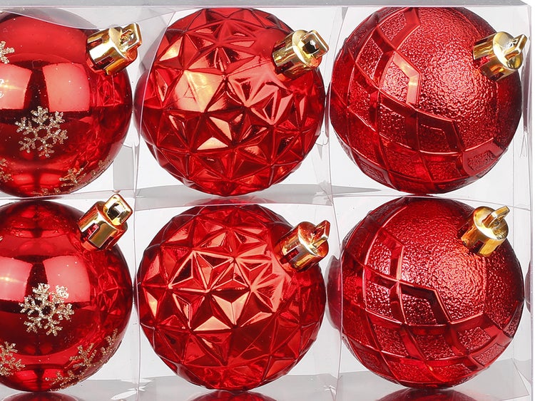 LAALU Satz von 12 Ornamenten: rote runde Mix-Ornamente 6 cm