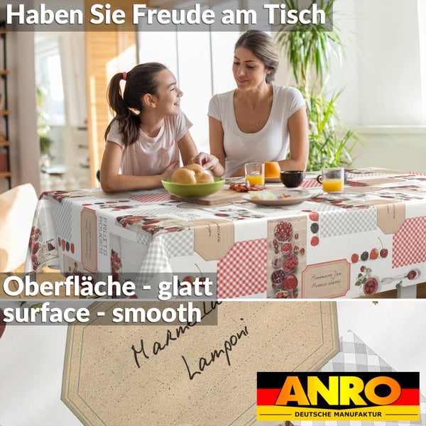 Abwaschbare Tischdecke mit Früchte- und Karomuster, glatte Oberfläche, Lifestyle-Szene am Esstisch mit zwei Personen, ANRO Logo.