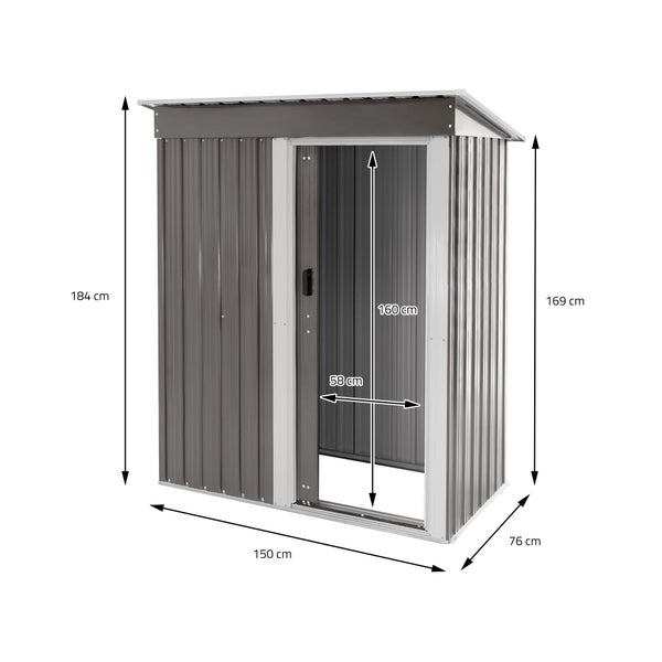 ML-Design Metall Gerätehaus M mit Pultdach, Schiebetür und Fundament, 2,1 m³, 150x184x76 cm, Hellgrau, Geräteschuppen aus Stahl, Geräumiges Gartenhaus Outdoor, Garten Schuppen klein Geräteschrank