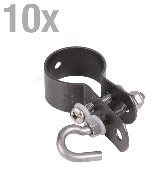 Set aus 10 Stück Rohrschellen mit Haken zur Befestigung von Rohren oder Leitungen.