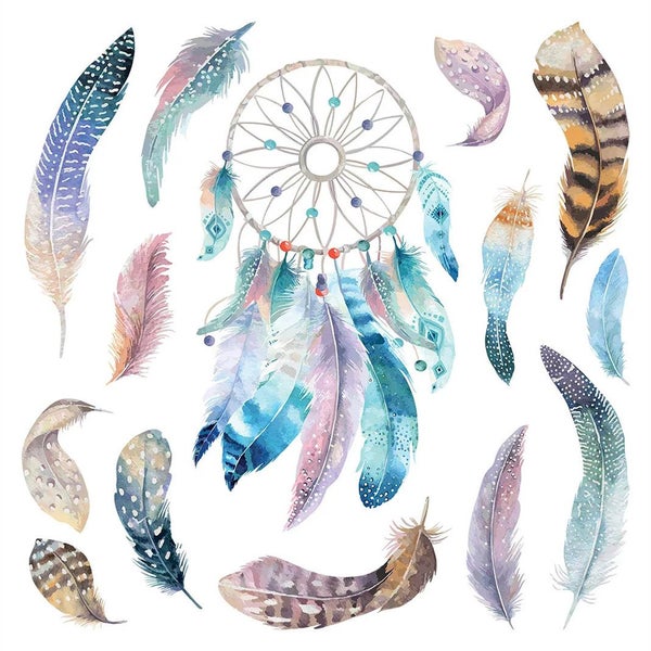 Wandtattoo Traumfänger mit verschiedenen Federn im Aquarell-Stil