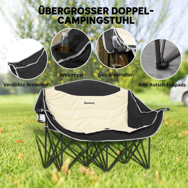 Outsunny Faltstuhl 2 Sitzer faltbar Campingstuhl mit Getränkehalter Tragetasche Outdoor Klappstuhl bis 250kg belastbar robust leicht gepolstert Angelstuhl Gartenstuhl für Garten Camping Strand