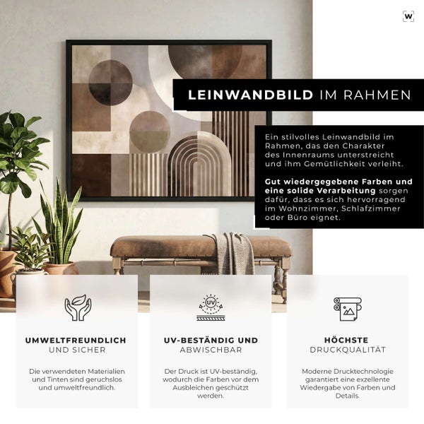 Gerahmtes Leinwandbild mit abstraktem Motiv in einer Wohnzimmerumgebung. Umweltfreundlicher Druck, UV-beständig, hohe Druckqualität für Innenräume.