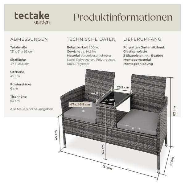 Rattan Gartensitzbank tectake Narbonne 131 x 59 x 82 cm 2-Sitzer grau/hellgrau
