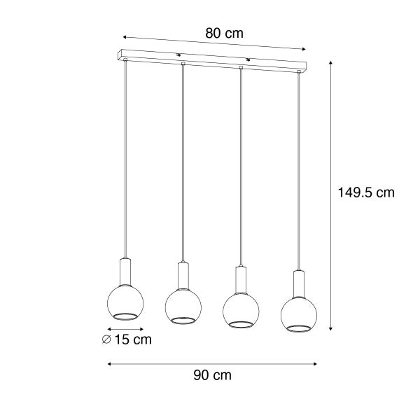 Technische Zeichnung einer Pendelleuchte mit vier Leuchten, 80 cm breit und 149,5 cm hoch