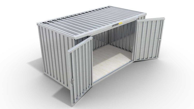 Lagercontainer Gerätehaus M  – 6 qm, H2150 x B3050 x T2170 mm, verzinkt, mit Holzfußboden, 2750 mm Doppelflügeltür mittig in Breitseite, zerlegt