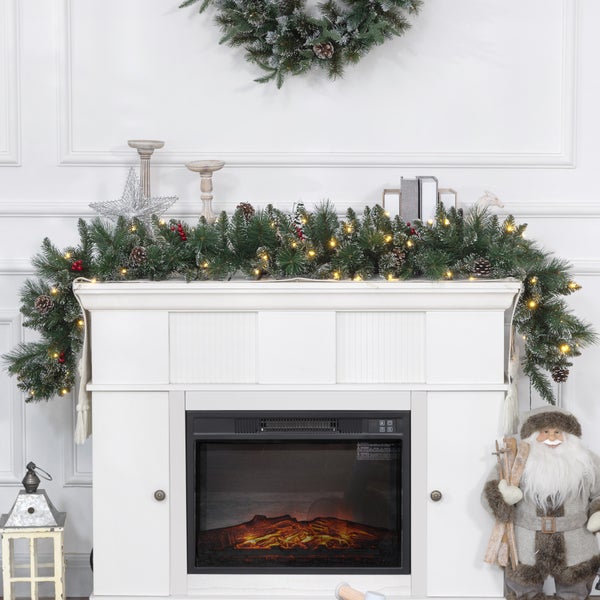 HOMCOM 1,8 m künstliche Weihnachtsgirlande mit Lichterkette Blumendekoration mit Tannenzapfen Beeren Weihnachten Tannengirlande für Treppen Kamin Metall Grün Ø30 x 180 cm