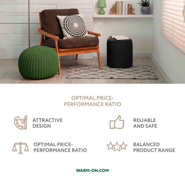 Wohnzimmer mit Sessel, Hocker, Strickhocker und Regal mit Deko, dazu eine Übersicht zu Design, Sicherheit, Preis-Leistungs-Verhältnis und Sortiment.
