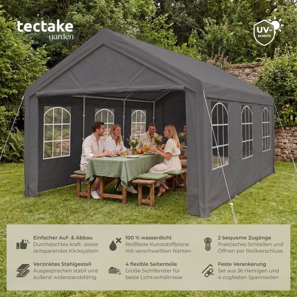 tectake garden Logo, graues Partyzelt mit Fenstern, wasserdicht, UV-Schutz, Stahlgestell, im hellen Garten mit Personen am Tisch.