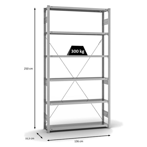 PROREGAL Fachbodenregal Stecksystem T-Profil Heavy-Duty Grundregal HxBxT 250 x 130 x 30 cm 6 Ebenen Fachlast 300 kg Einseitig Nutzbar Verzinkt