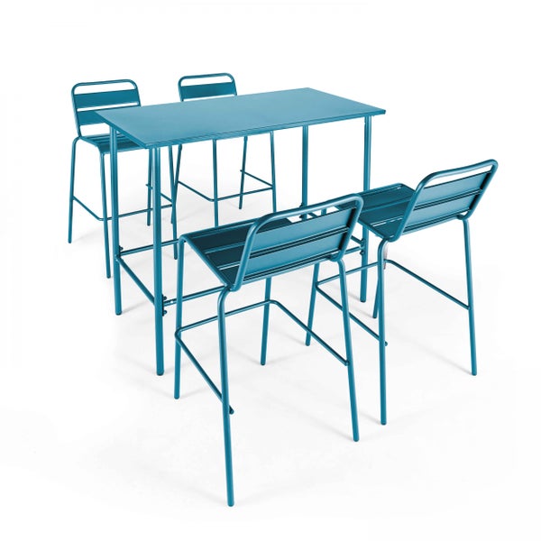 Modernes Gartenbar-Set aus Metall bestehend aus einem hohen rechteckigen Tisch und vier Barhockern mit Rückenlehne.