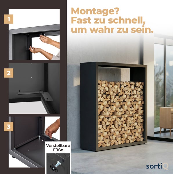Montageanleitung eines schwarzen Kaminholzregals aus Metall in drei Schritten mit verstellbaren Füßen und sortiQ Logo.