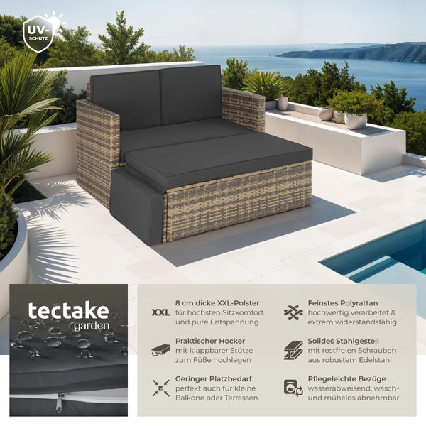 Rattan Lounge tectake Korfu Hocker mit klappbarer Stütze 2-Sitzer natur