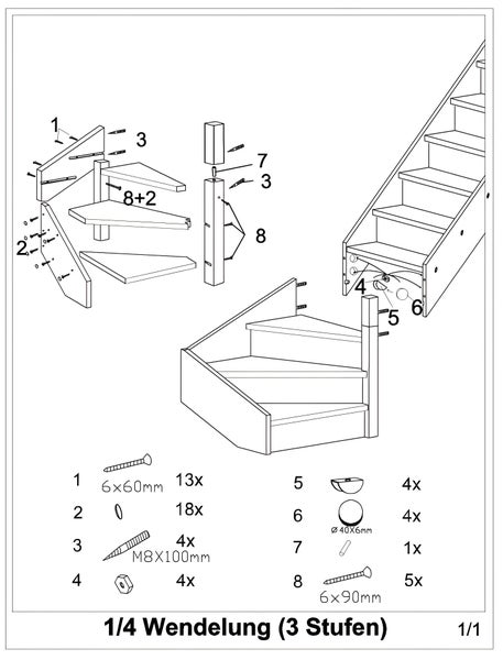 Montageanleitung für eine Viertelwendeltreppe mit drei Stufen