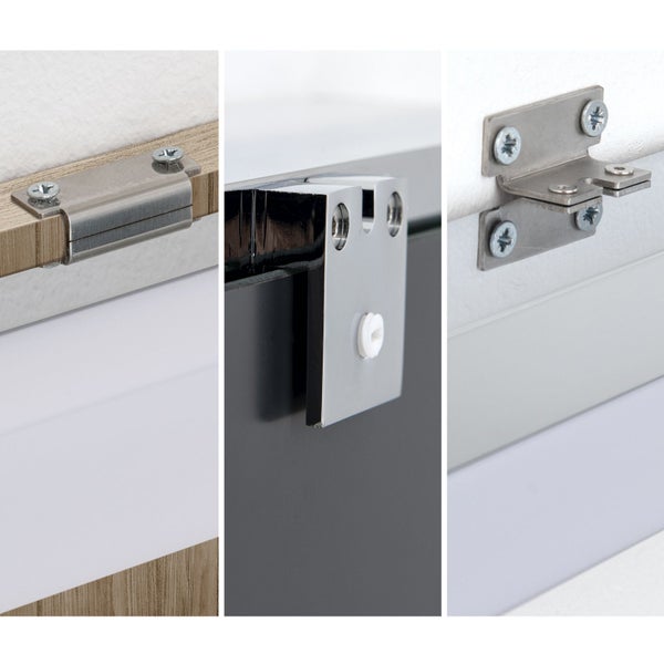 Drei Nahaufnahmen von Metallbeschlägen und Halterungen für Möbelmontage zur Befestigung von Schranktüren oder Glas.
