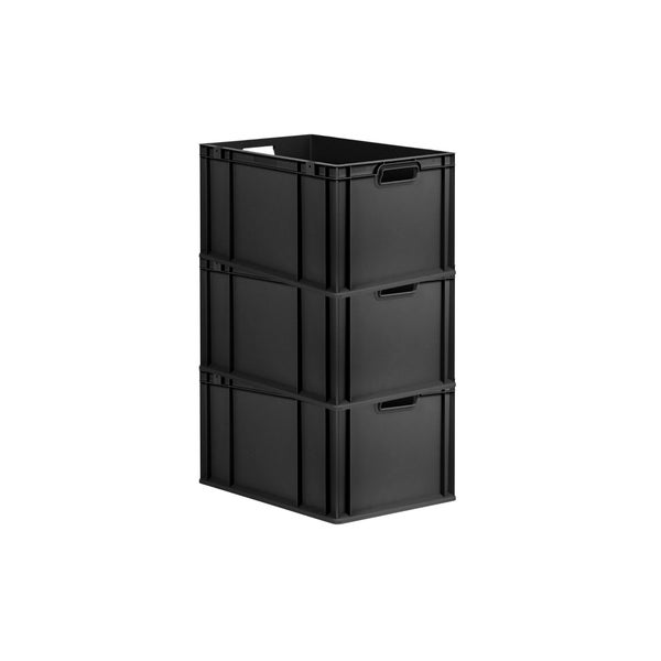 PROREGAL SuperSparSet 3x Eurobox NextGen Grip, HxBxT 32x40x60cm, 65 Liter, Griffe offen, Verstärkter Boden, Schwarz, Eurobehälter, Transportbox, Transportbehälter, Stapelbehälter