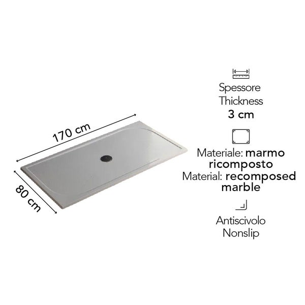 Rechteckige Duschwanne aus Mineralguss, Maße 170 mal 80 Zentimeter, Stärke 3 Zentimeter, rutschhemmende Oberfläche.