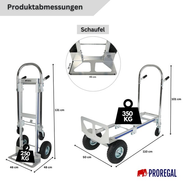 Proregal Sackkarre Metall. Aufrecht: Höhe 131 Zentimeter, Last 250 Kilogramm. Liegend: Last 350 Kilogramm. Schaufel 46 Zentimeter. Proregal Logo.