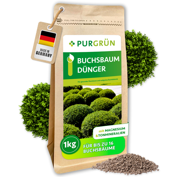 Purgrün Buchsbaumdünger, 1 Kilogramm Packung für 16 Pflanzen, mit Magnesium und Tonmineralien, Purgrün Logo, Made in Germany Logo.