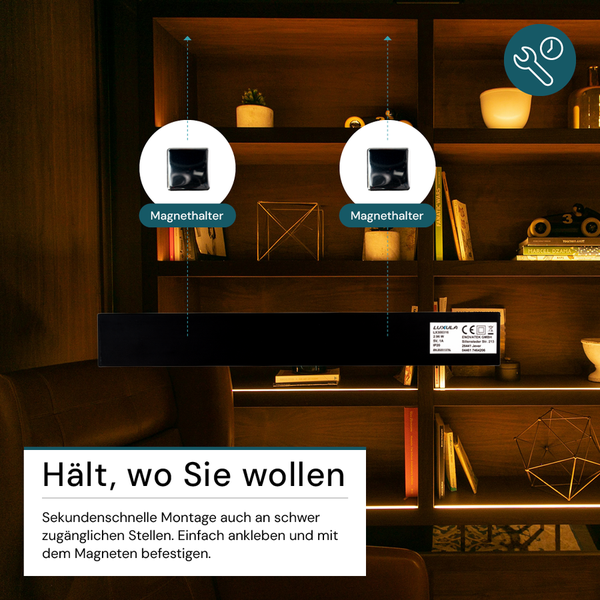 Die LED-Leuchte ist mit Magnethaltern an einem Regal befestigt.