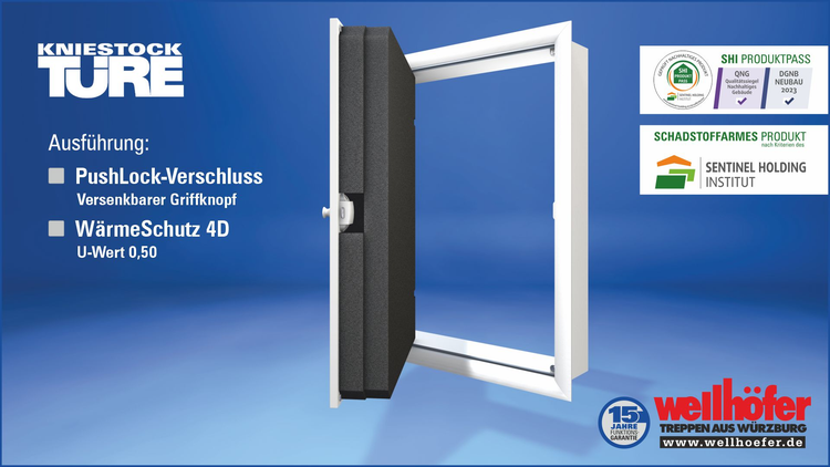 Wellhoefer Kniestocktür mit PushLock-Verschluss und Wärmeschutz 4D für gedämmten Drempelzugang.
