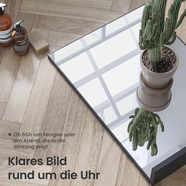 Spiegel mit schwarzem Rahmen auf einem Boden aus Holz in Fischgratoptik, dekoriert mit einem Kaktus im Topf und Pflegeprodukten.
