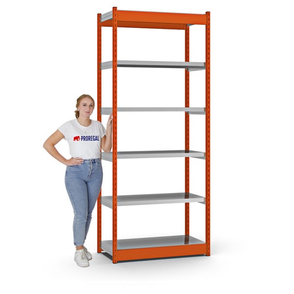 PROREGAL Fachbodenregal Stecksystem Vierkant-Profil Grundregal HxBxT 250 x 102,5 x 40 cm 6 Ebenen Einseitige Bauart Fachlast 200 kg Orange