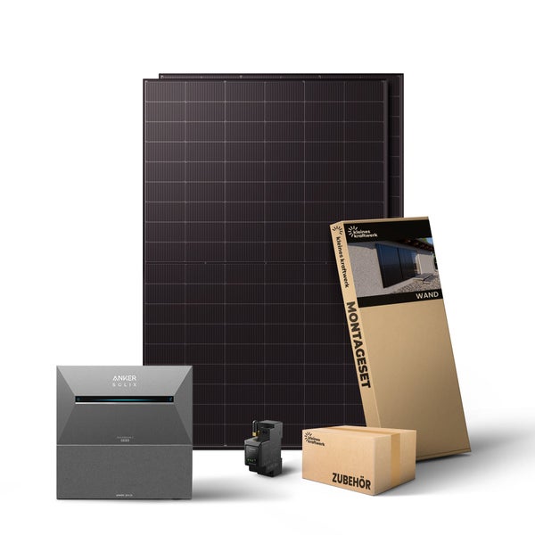 Balkonkraftwerk Komplettset bestehend aus zwei Solarmodulen, Anker Solix Speicher, Wandmontageset und Zubehör.