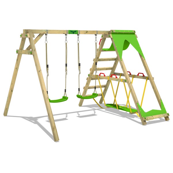 FATMOOSE Kinderschaukel Schaukelgestell JollyJade Schaukel, Schaukelgerüst, Doppelschaukel, Holzschaukel mit Kletteranbau - apfelgrün