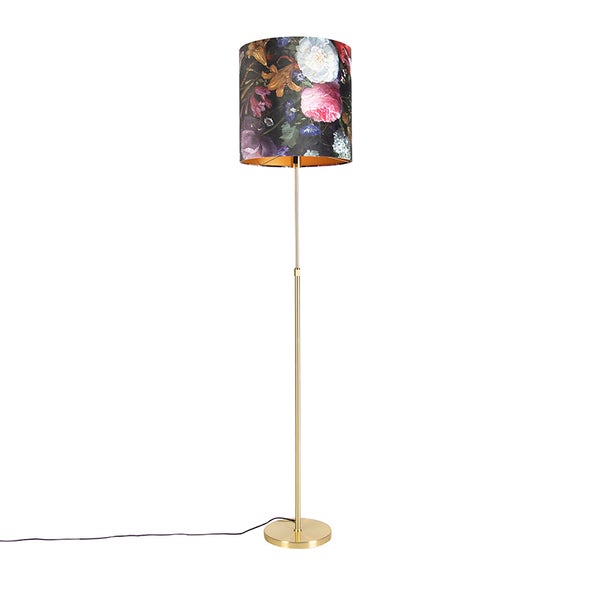 QAZQA - Klassisch I Antik Stehleuchte I Stehlampe I Standleuchte I Lampe I Leuchte Gold I Messing I Messing mit Veloursschirm Blumen 40I40 cm - Parte I Wohnzimmer I Schlafzimmer - Stahl Zylinder I Län