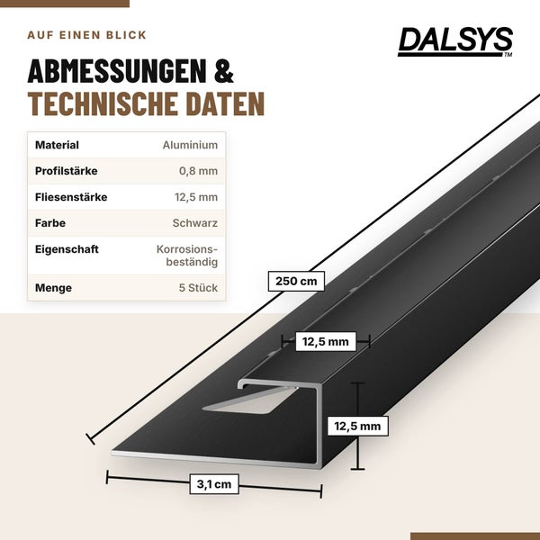 Technische Daten und Maße der Dalsys Aluminium Fliesenprofile mit 12,5 Millimeter Höhe und 250 Zentimeter Länge.