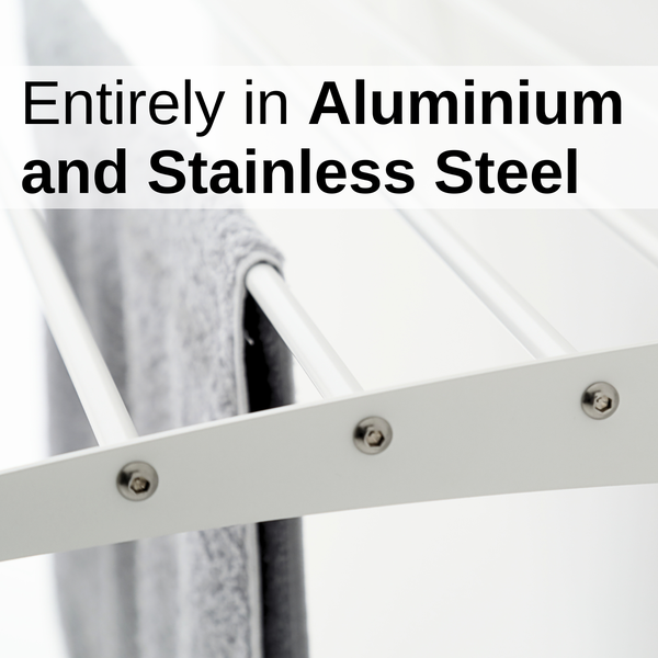 Detailansicht eines Wäscheständers aus Aluminium und Edelstahl