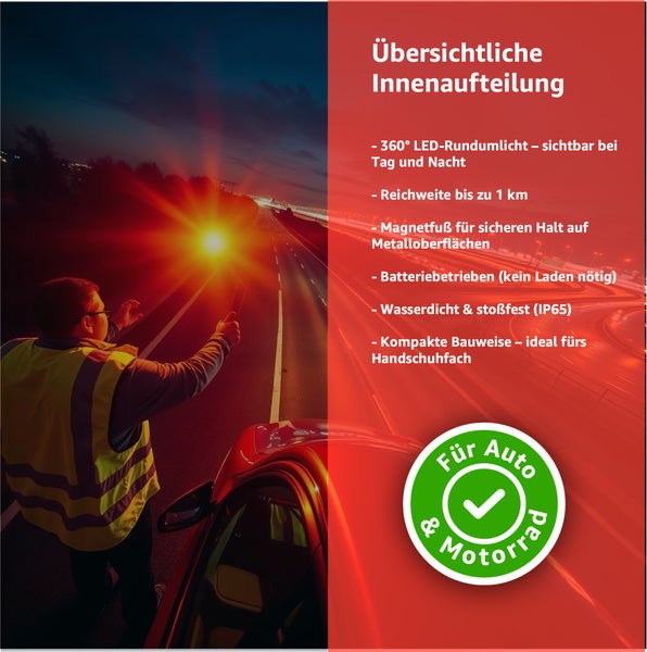 LED Warnleuchte mit 360 Grad Rundumlicht für Auto und Motorrad im Einsatz auf der Straße