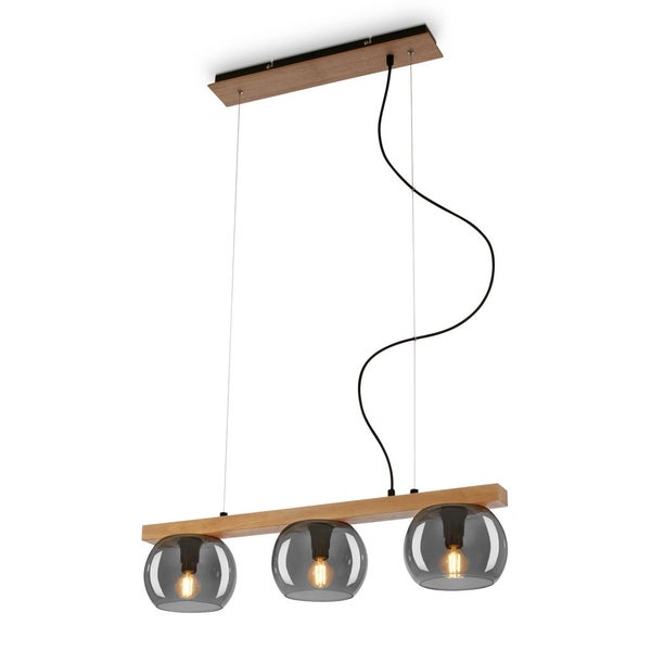 Pendant lamp, with wood, smoked glass, 3xE14/max.1