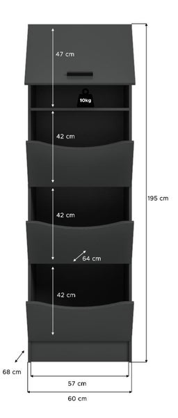 Dunkelgrauer Wäschesammler mit Abmessungen: Höhe 195 Zentimeter, Breite 60 Zentimeter, Tiefe 68 Zentimeter und Tragkraft von 10 Kilogramm.
