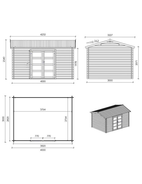 Technische Zeichnung mit Maßangaben für ein Gartenhaus aus Holz mit Doppeltür und Satteldach.