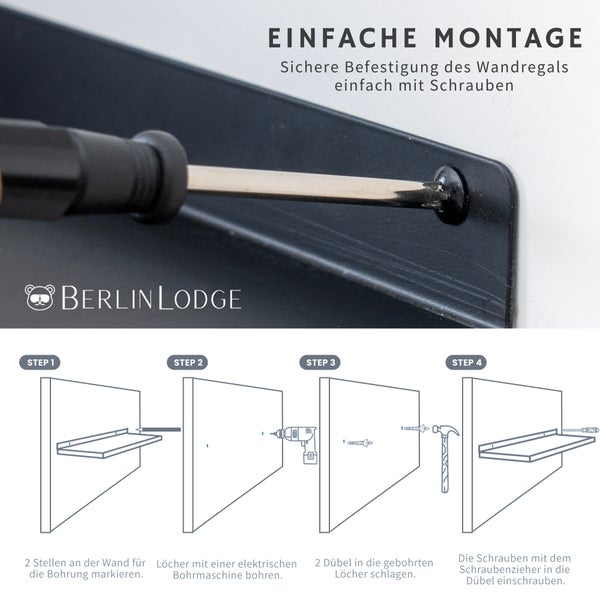 Montageanleitung für ein Wandregal von Berlin Lodge in vier Schritten: Markieren, Bohren, Dübel einsetzen und Verschrauben für eine einfache Montage.
