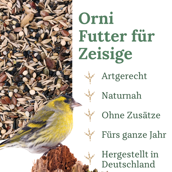 Orni Vogelfutter für Zeisige, artgerecht, naturnah, ohne Zusätze, für das ganze Jahr, hergestellt in Deutschland.